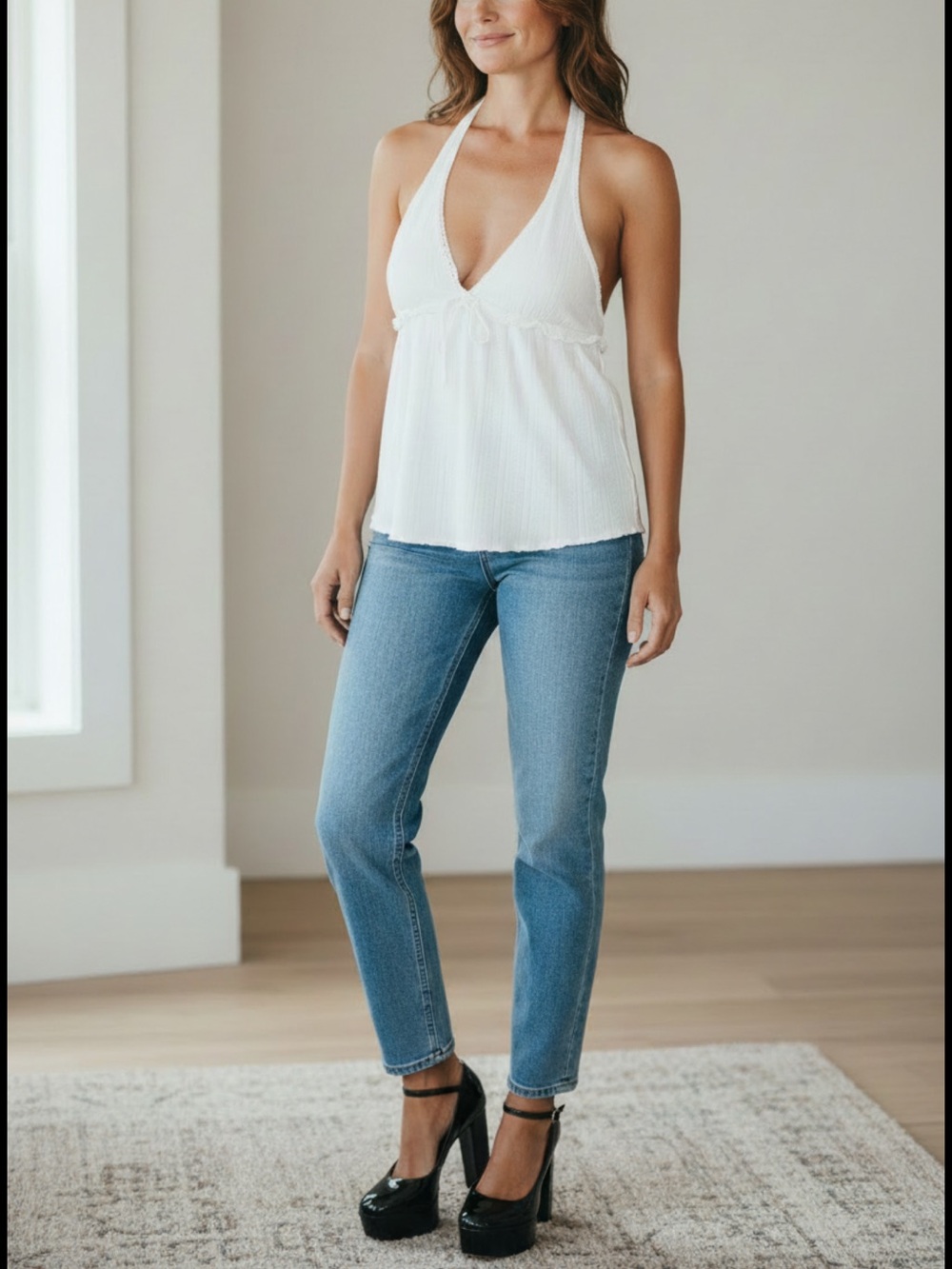 We The Free Free People Pointelle Knit Cami Top Medium White Crochet Bow Strap